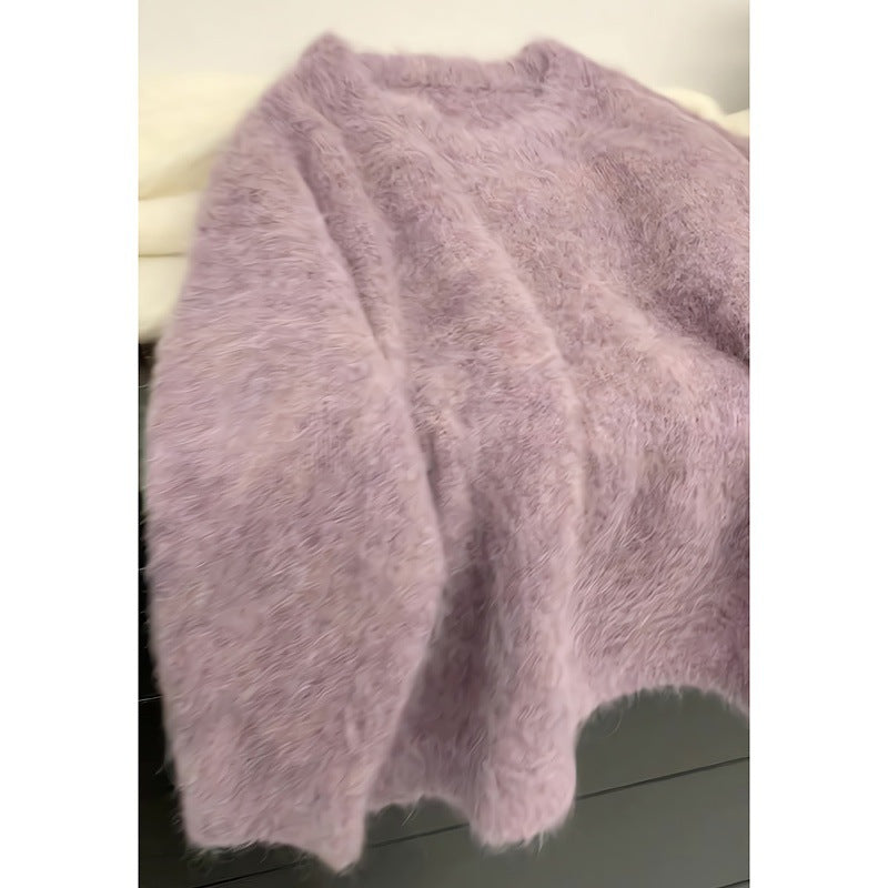 Purple mink velvet round neck pullover hairy sweater women's autumn and winter soft waxy thickened outer wear mink wool knitted sweater