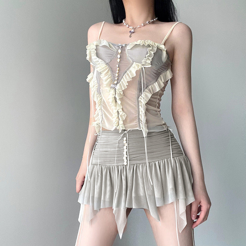 Love cloth forget fashion ballet style mesh split three-dimensional gradual change lace vest short skirt two-piece set Spice Girl suit