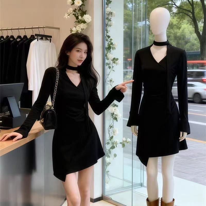 Korean waist pleated bottom polished skirt temperament small irregular high-end V-neck autumn and winter dress