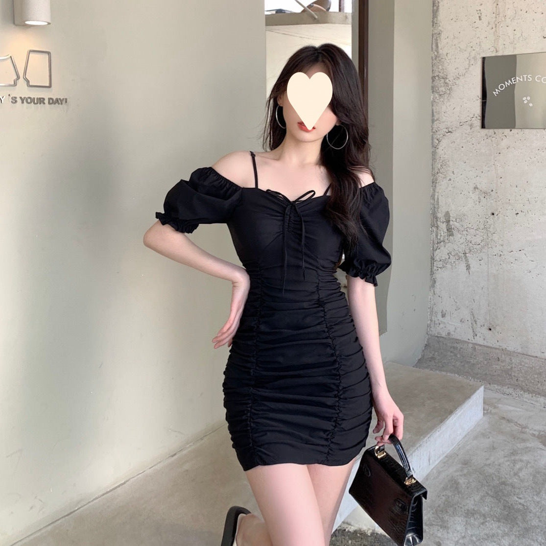 Summer 2025 new Korean version temperament French light ripe wind bubble sleeves pleated drawstring slim and thin dress women