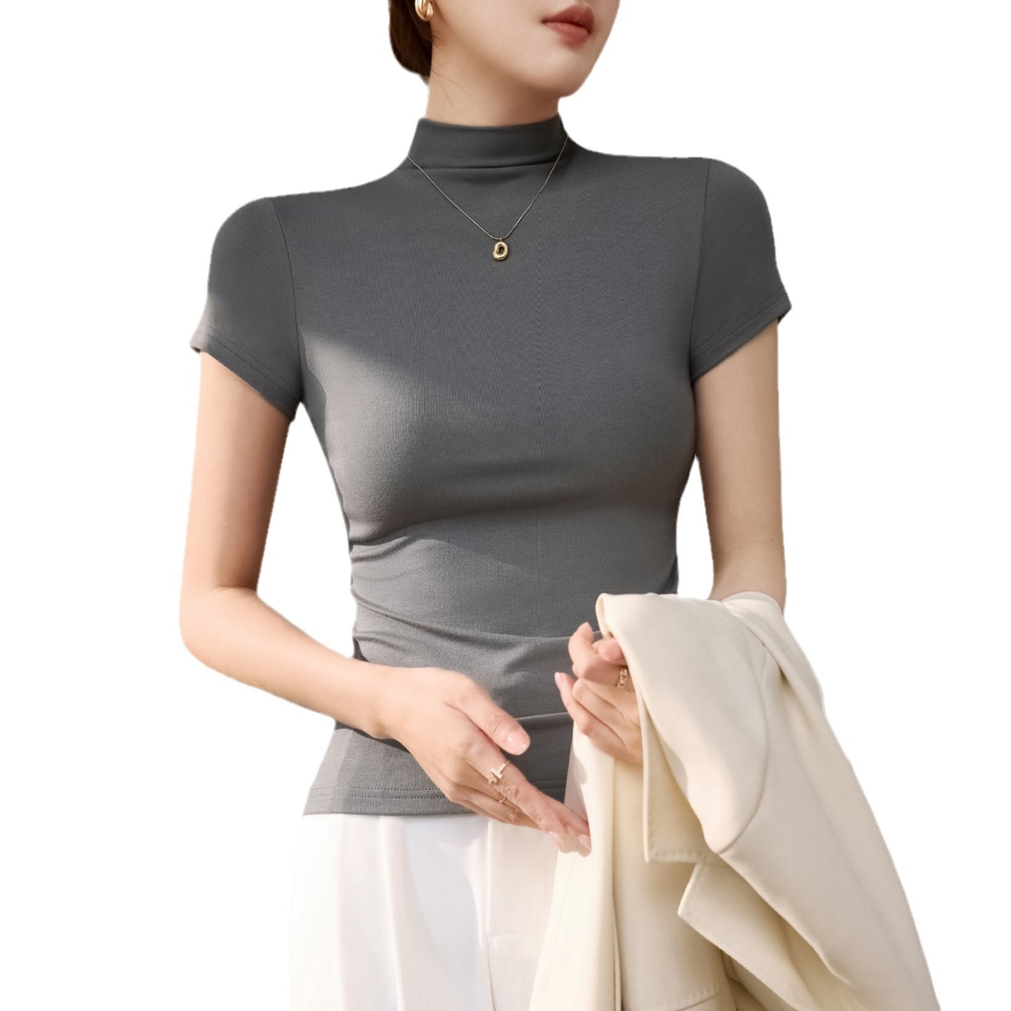 Early spring new short-sleeved T-shirt base shirt women's 2025 new summer threaded semi-high neck slimming high-end top