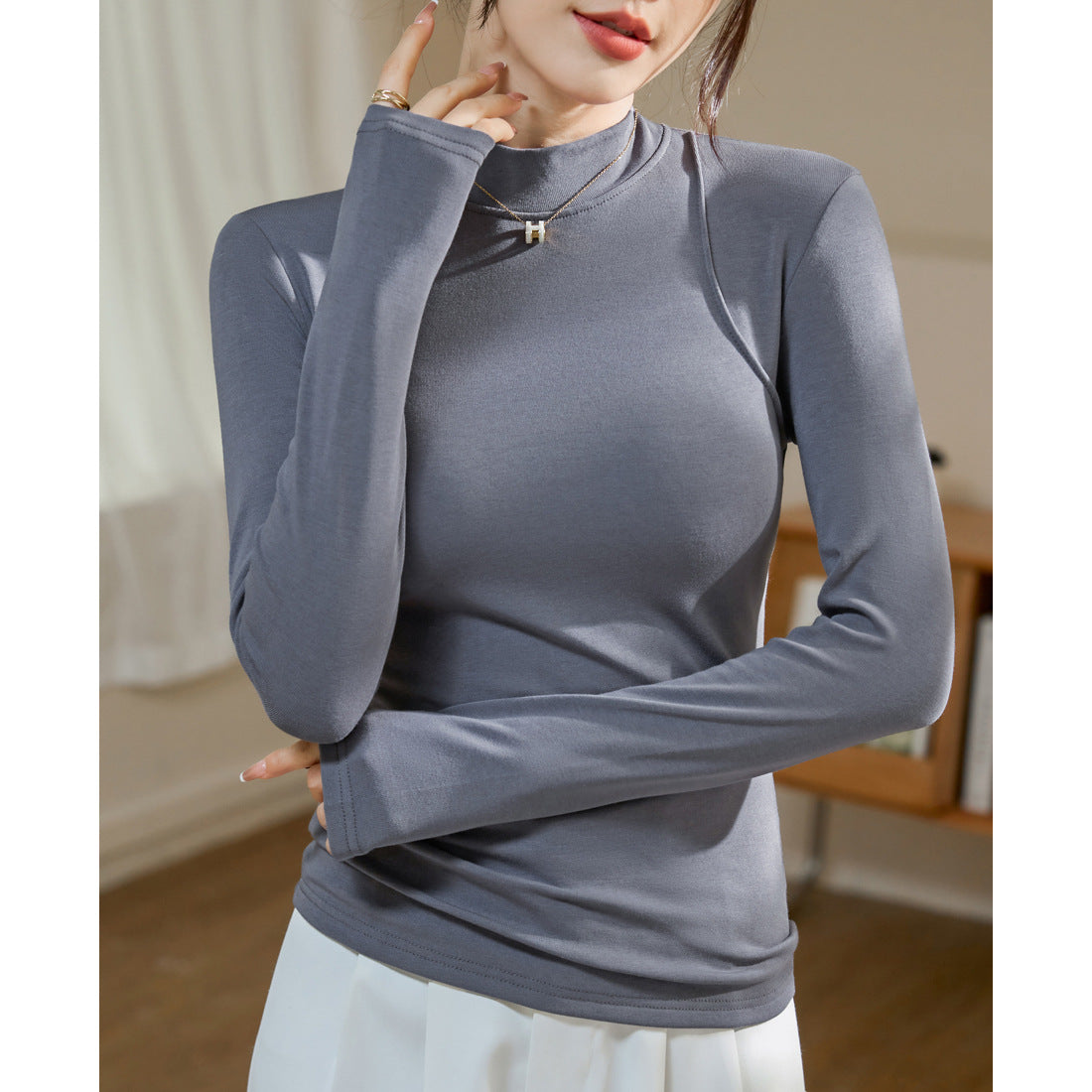 Three-dimensional line polished thin velvet threaded cotton bottoming shirt women's autumn and winter new thin long-sleeved T-shirt versatile top