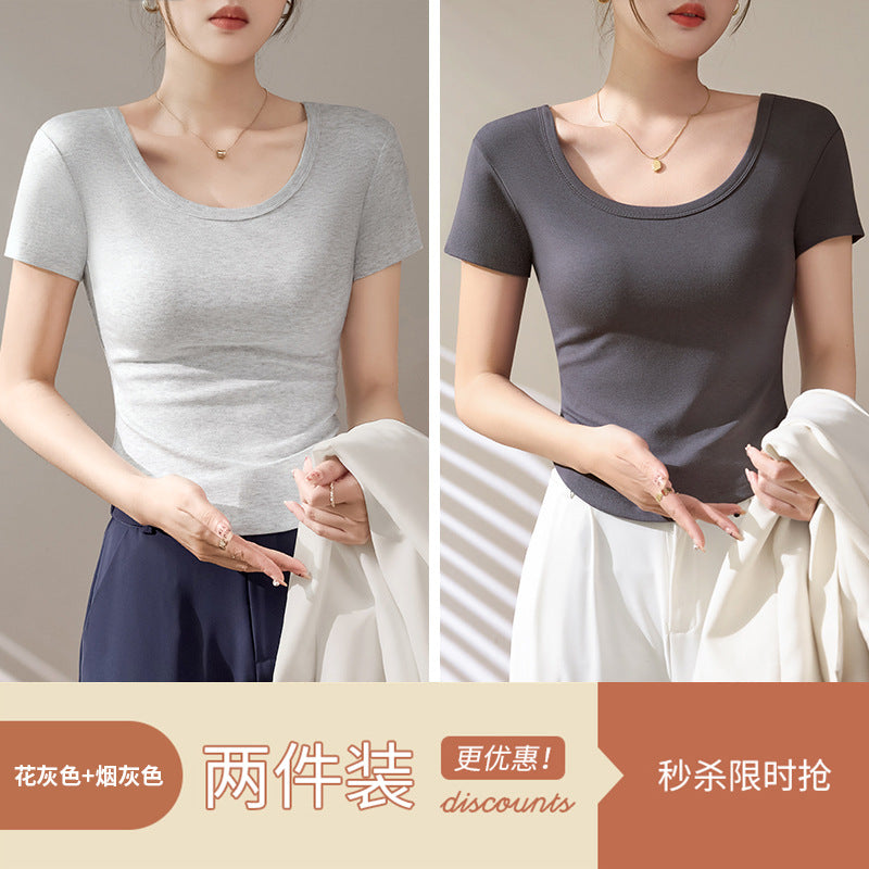 High-quality short-sleeved T-shirt women's 2025 new summer slim-fitting and thin curved hem fashionable foreign U-neck top trendy