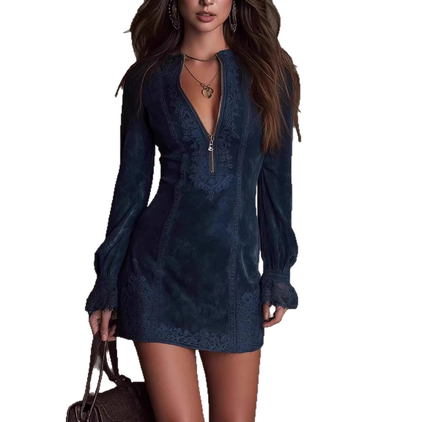 2025 European and American women's clothing, Amazon independent station zipper lace splicing V-neck long sleeves, loose embroidery, dress