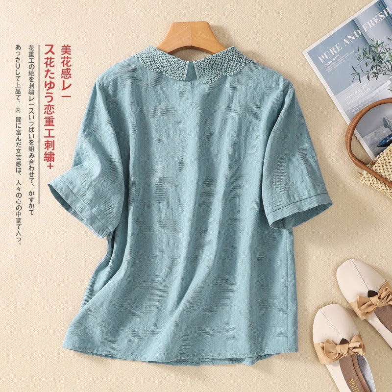 Real shot 2025 summer new literary loose solid color cotton and linen jacquard short-sleeved shirt blouse top #6616 #