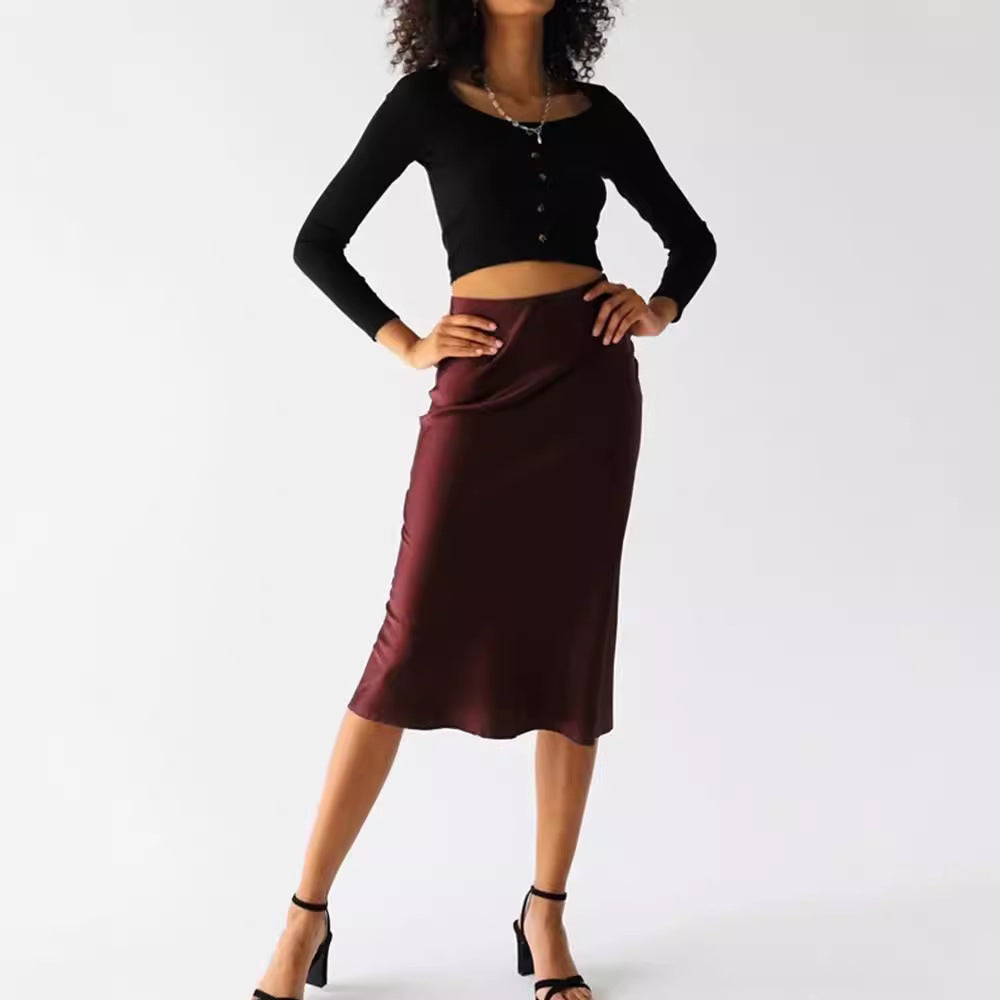 Burgundy Japanese imported acetic acid satin high-end sense a-word fishtail skirt women's spring and summer short medium and long skirt