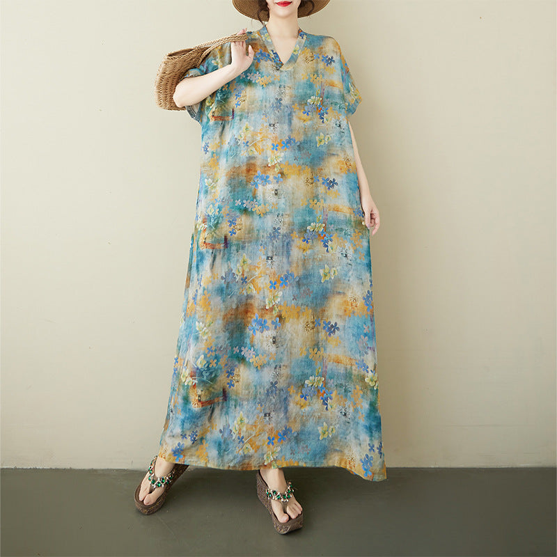 Summer 2025 New Large Size Literary Loose Bohemian Casual V-Neck Short Sleeve Dress Women's Clothing