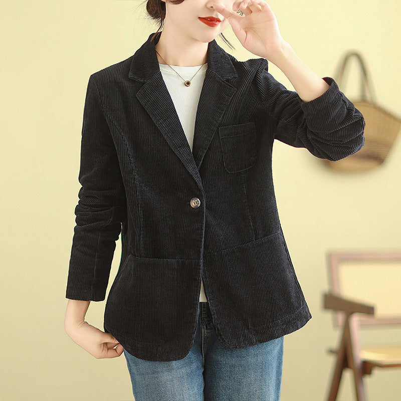 Real shot 2025 spring new casual solid color corduroy women's long-sleeved jacket small suit #9509