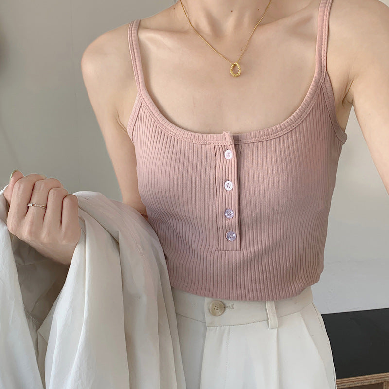 Ruth wears a cotton short suspender vest for women's summer wear with buttons, a sexy high-waisted navel-exposed top with a bottom.