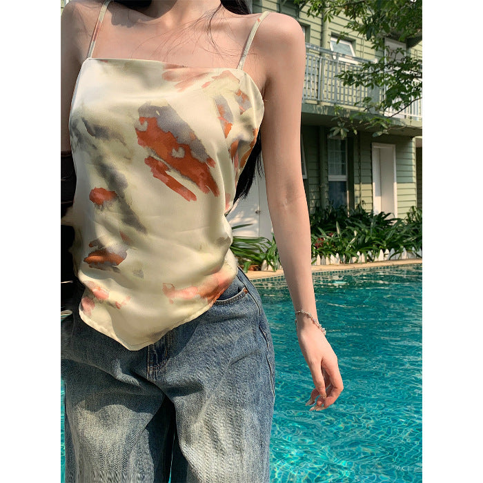 Sweet Spice Girl Triangle Silk Scarf Tie-dye Small Suspender Vest Women's Seaside French Design Sense Jazz Short Top