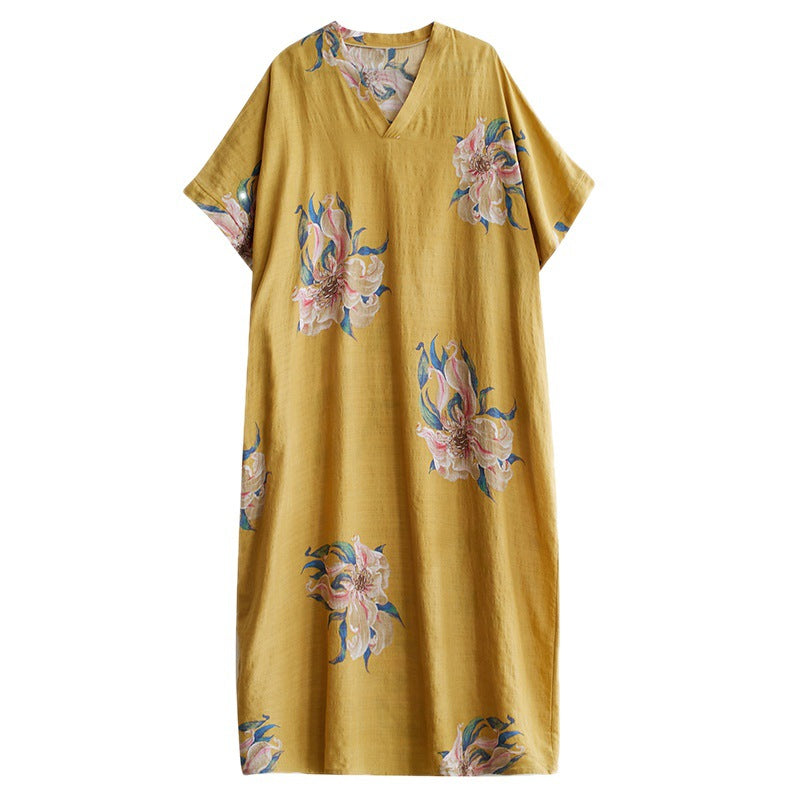 Real shot 2023 summer v-neck thin cotton and linen large size loose literary holiday wind beach skirt retro long robe