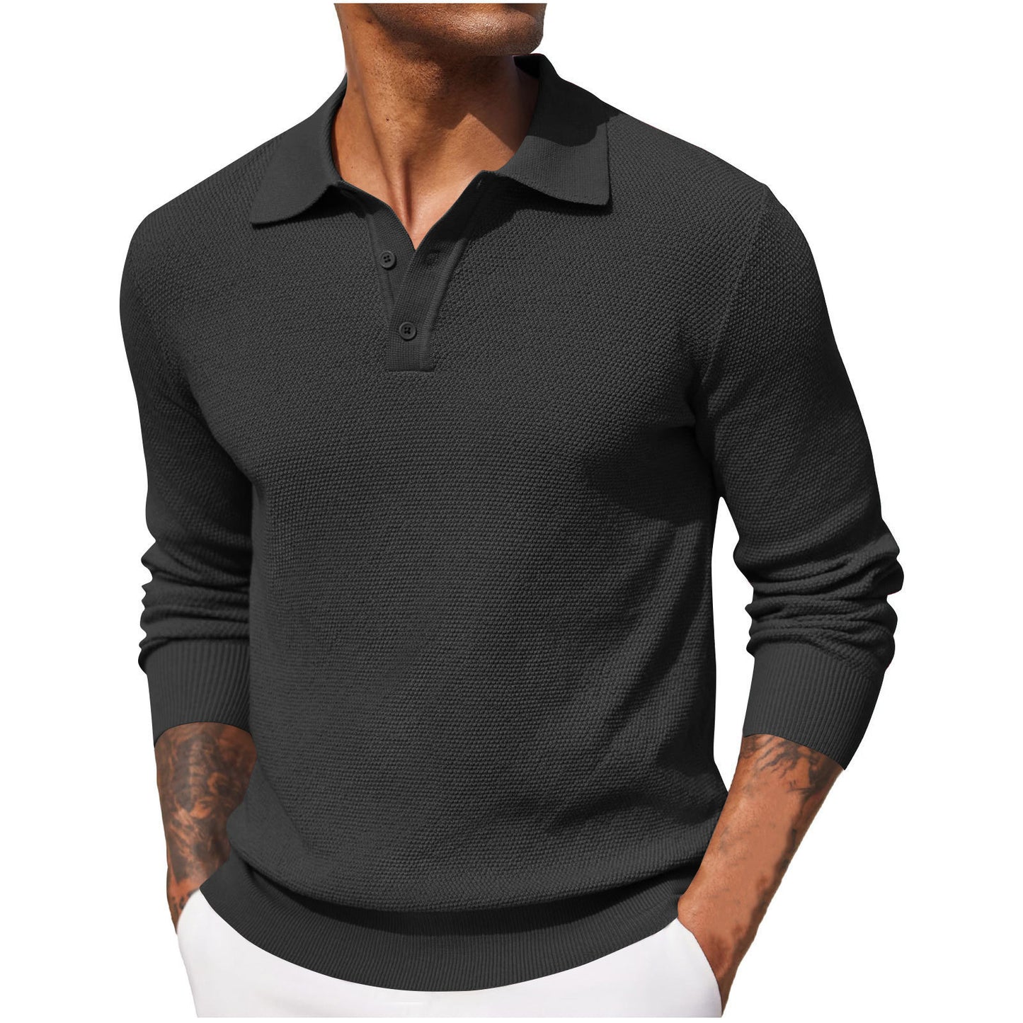 2025 autumn new Amazon popular cross-border casual men's top long-sleeved V-neck button-up POLO shirt