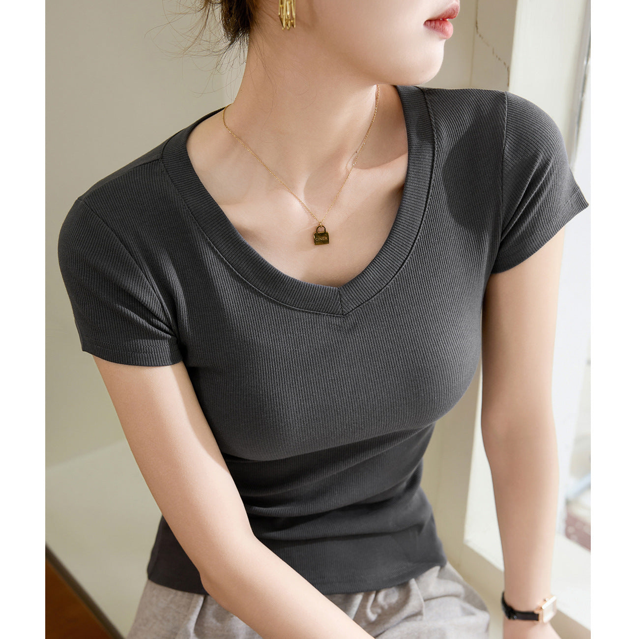 [High quality & selection of pure cotton] V-neck T-shirt women's short-sleeved 2026 summer new thin top bottoming shirt