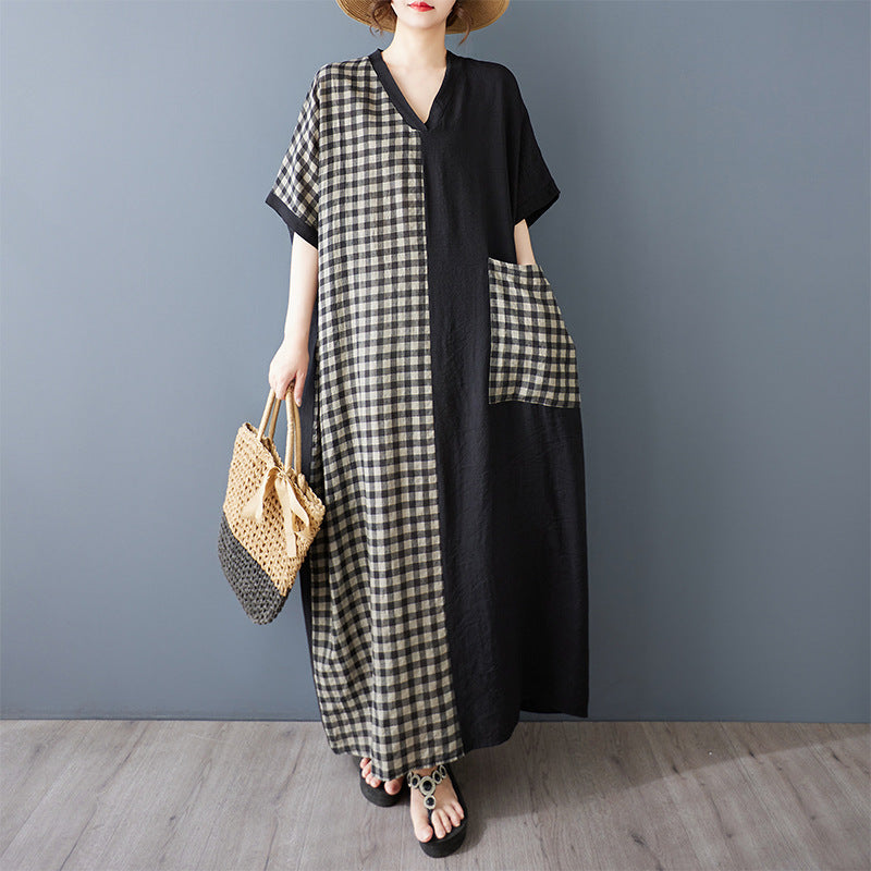 Real shot 2025 summer thin cotton and linen printing thin V-neck short-sleeved contrasting color splicing black long dress length 133