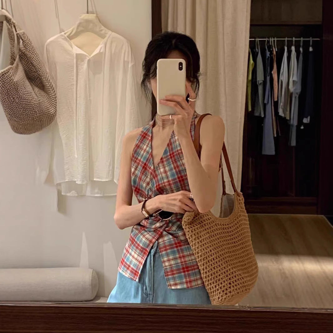 Korean plaid kink sleeveless halterneck vest women's 2025 summer new versatile V-neck waist top