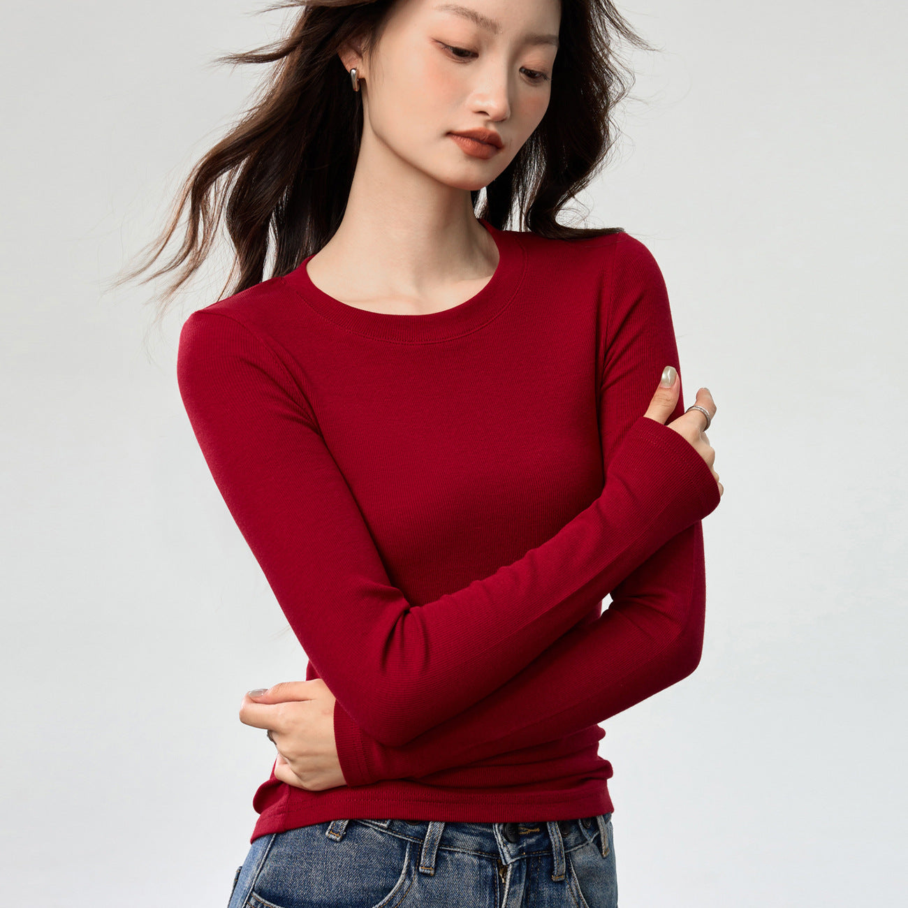 #Refuse to be bloated #Youke silk thin velvet polished crew neck bottoming shirt women's autumn and winter long-sleeved T-shirt warm versatile top