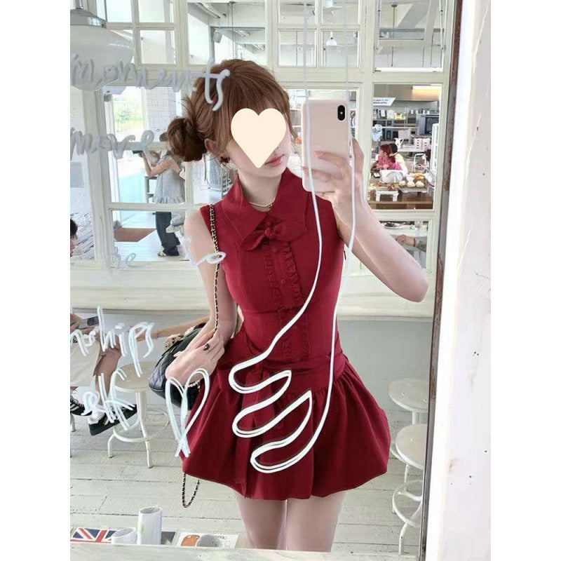 French small man, sweet temperament, high-end cherries, red rabbit ears, shirt collar, lace-up bud dress, women's summer