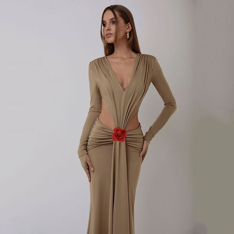 New V-neck backless long-sleeved skirt waist decorative flower split harpoon tail dress dress long solid color long dress