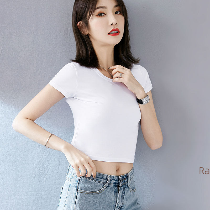 Pure cotton tight-fitting off-the-navel short-sleeved t-shirt Spice Girl style high-waisted short Korean version solid color unique and beautiful summer top