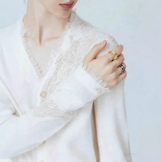 "Mist Misty" Quiet Luxury/Willful Realm _ Water Soluble Lace + Fine Cashmere Bottom Knitted Cardigan Sweater Women