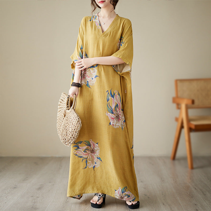 Real shot 2023 summer v-neck thin cotton and linen large size loose literary holiday wind beach skirt retro long robe