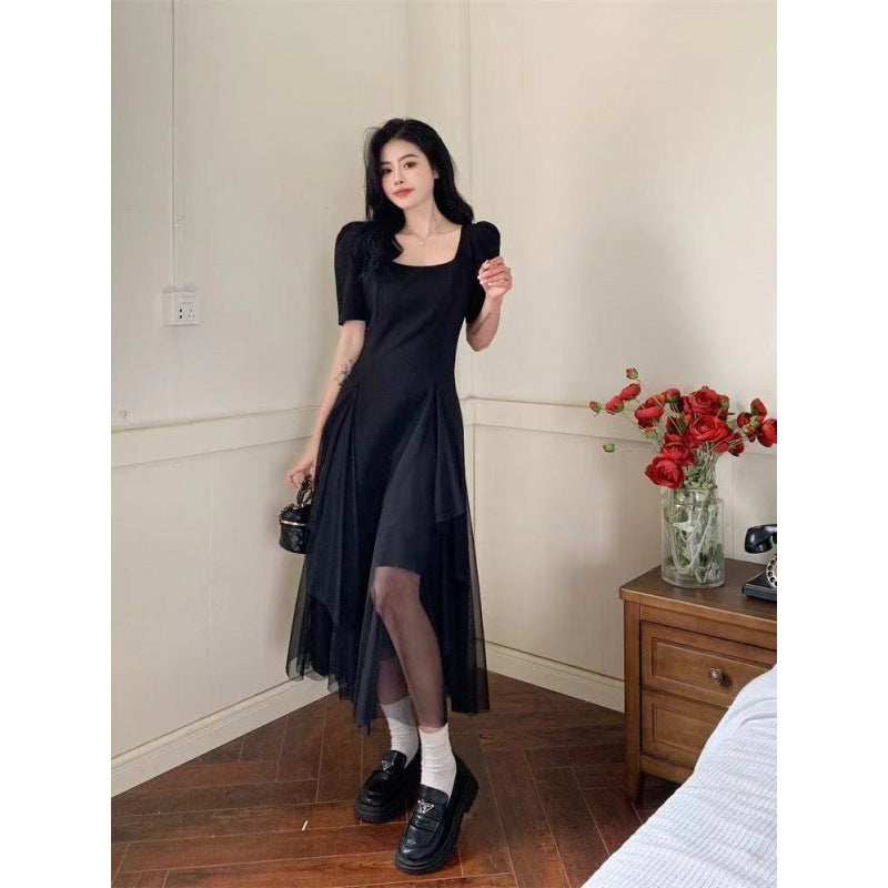 Large size belly covering irregular mesh Hepburn style long dress female summer fat sister retro thin square neck small black dress