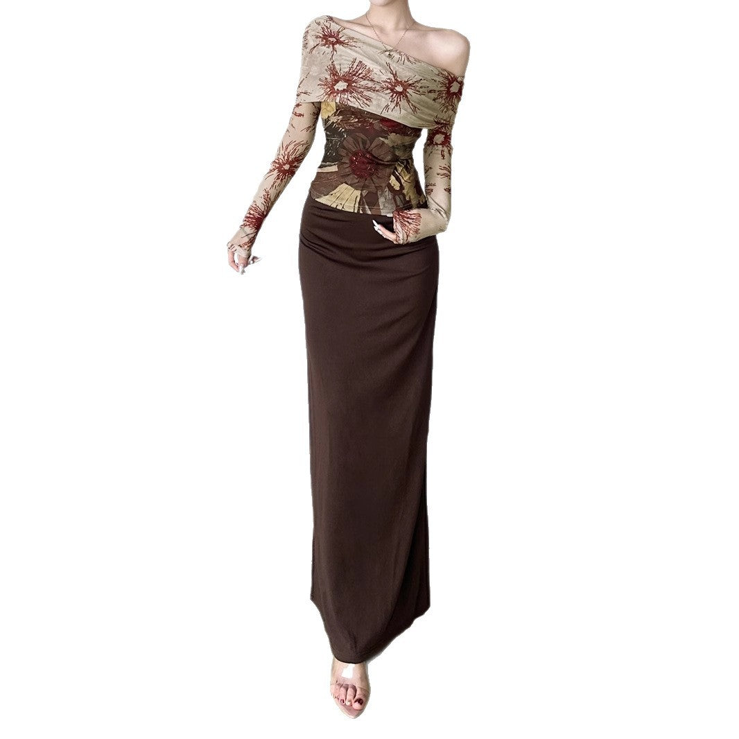 Love cloth forget pure desire retro brown spice girl split hip skirt low waist one piece slim knit dress