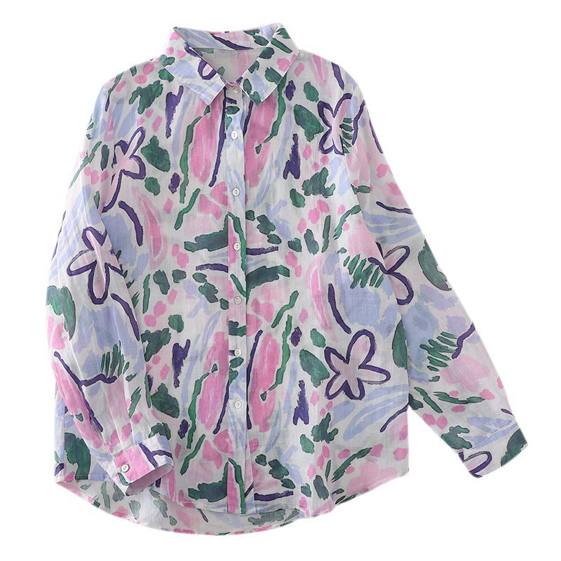 Real shot 2025 spring new color ink color printing light and breathable long-sleeved shirt top women #1079