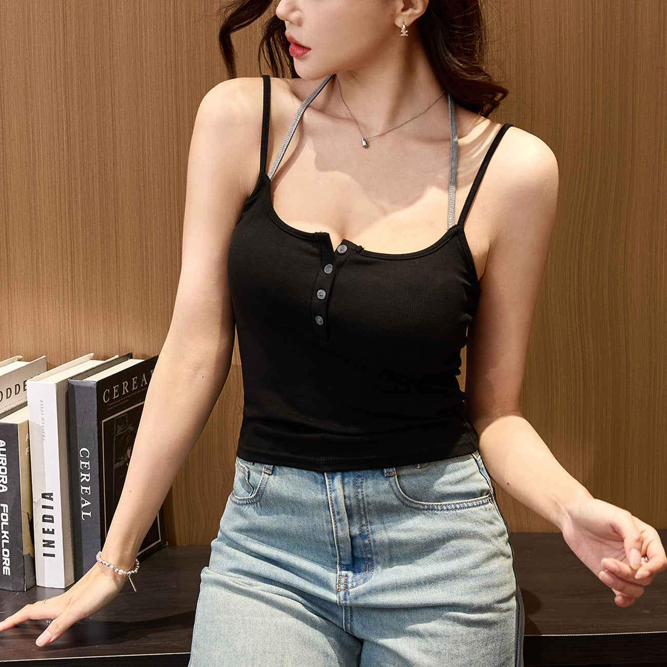 #High Elastic Pure Cotton #Fake Two Pieces Neck Suspender Printed Spice Girl Vest Women's Summer New Sexy Outer Wear Inner Base