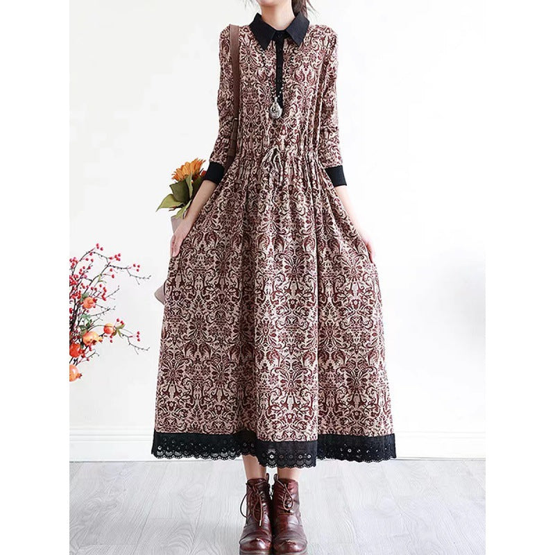 2025 Spring New Literary Loose Cotton and Linen Printed Lapel Long Sleeve Dress Women's Waist Medium and Long 969 #