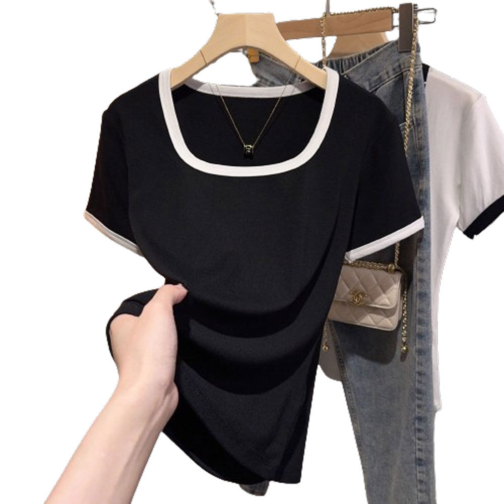 Threaded versatile short-sleeved square-neck contrasting T-shirt women's design sense niche temperament black slim-fitting summer top bottoming shirt