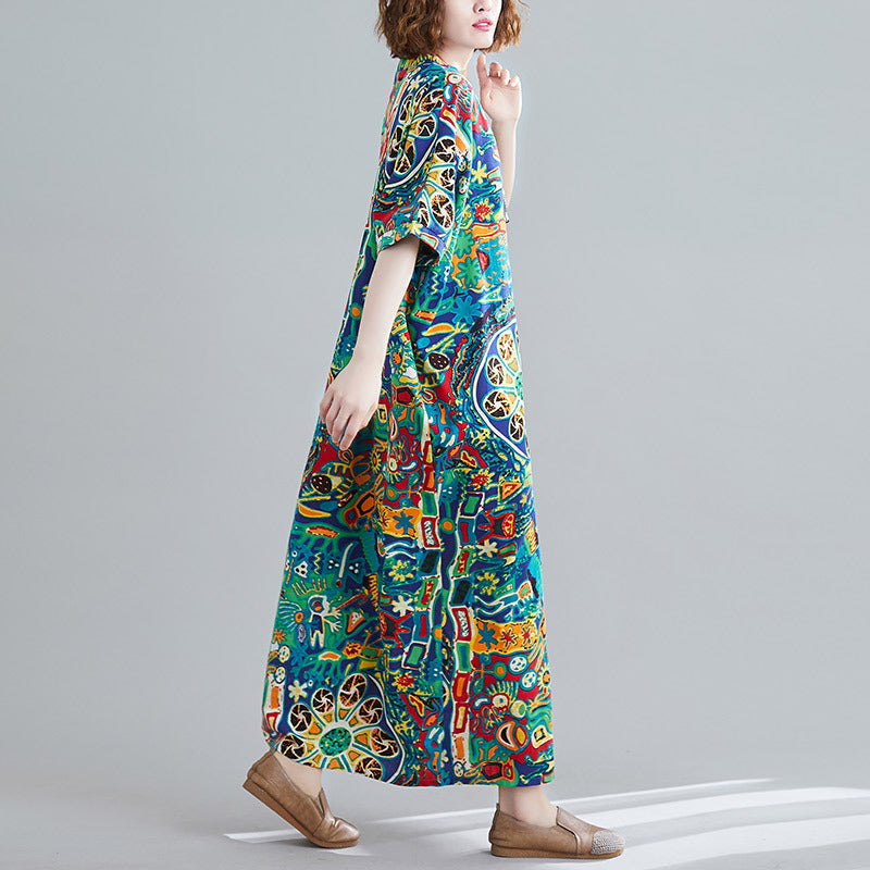 Real shot 2025 summer new literary large size loose cotton and linen printing V-neck short-sleeved dress women's clothing 1820 #