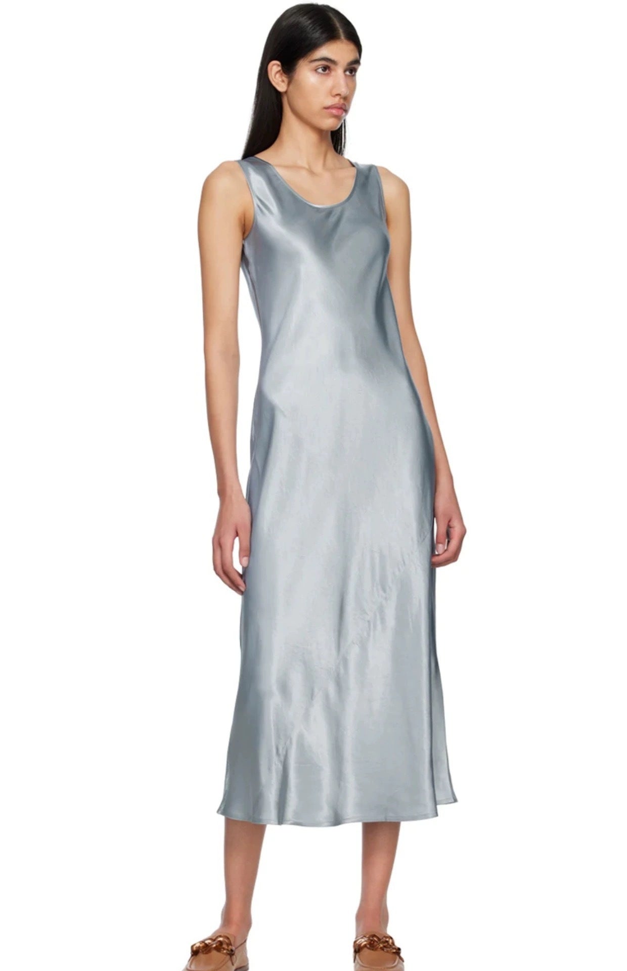 Oblique cut 100% acetic acid pleated silk A-word vest dress women's autumn small satin sleeveless vest long dress