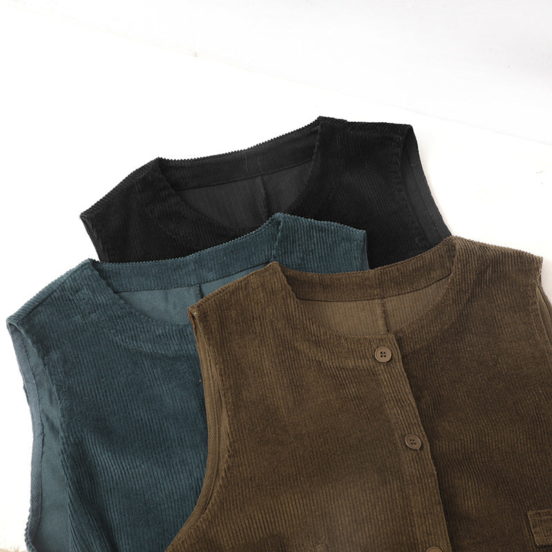 Retro solid color corduroy sleeveless dress women's autumn 2025 new medium and long cardigan vest skirt