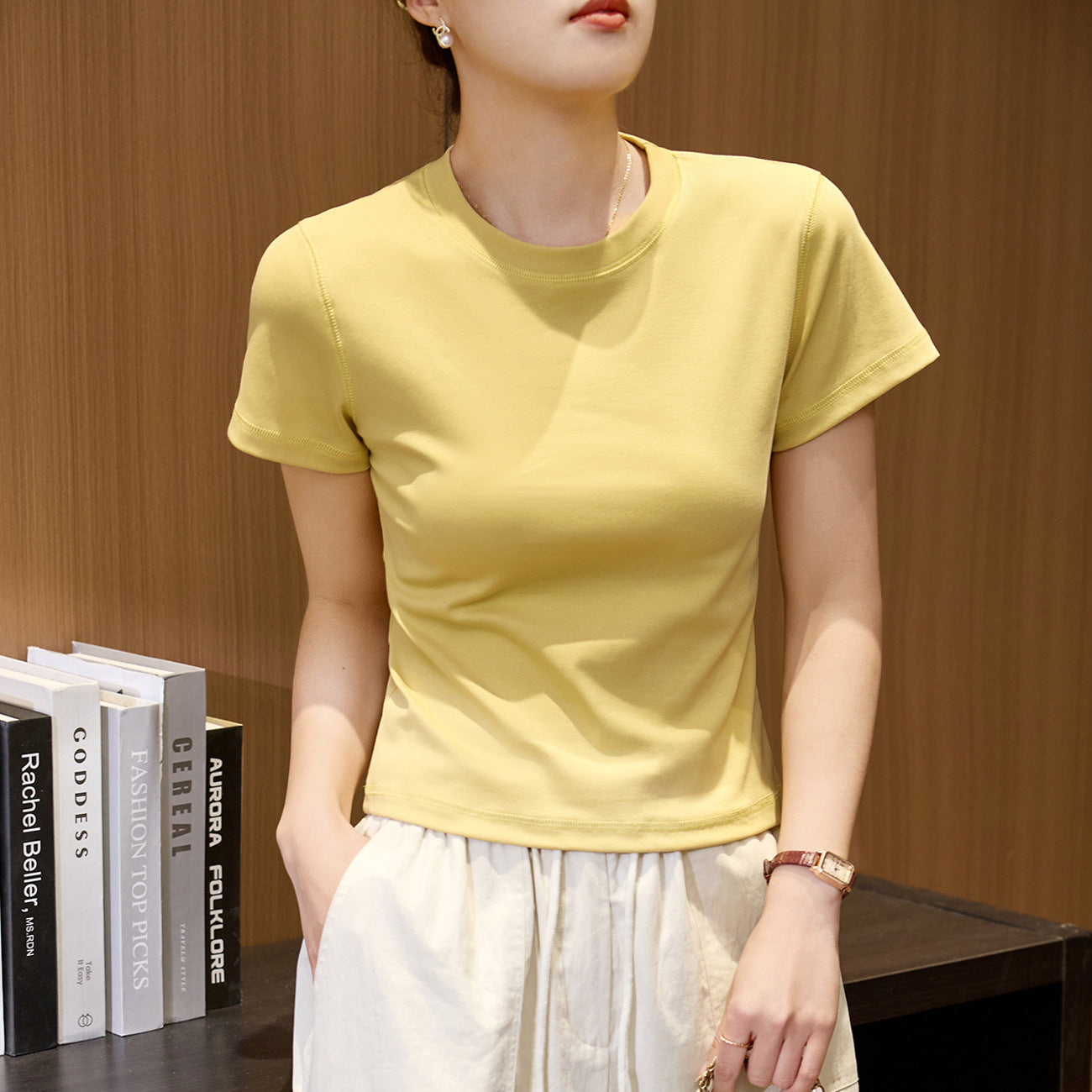 Flower needle thread 230g combed cotton T-shirt women's summer new short-sleeved foreign style round neck front shoulder casual versatile top