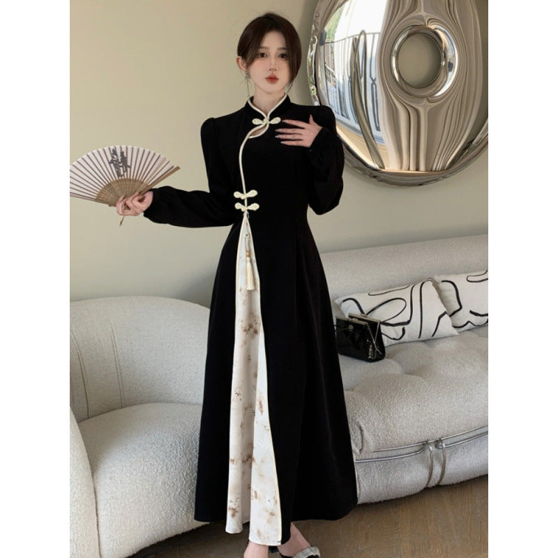 Spring and Autumn New Chinese Style Retro Improved Cheongsam Skirt Women's Large Size Fat Mm Skinny Long Sleeve High Waist Dress