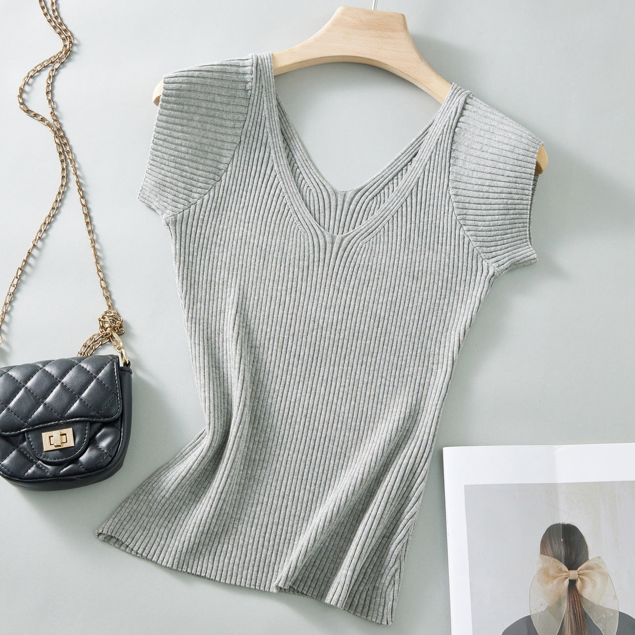 #Two wear V-neck #show chest big waist thin small spice girl flying sleeve ice silk short sleeve women's summer pit strip knitted T-shirt pure desire top