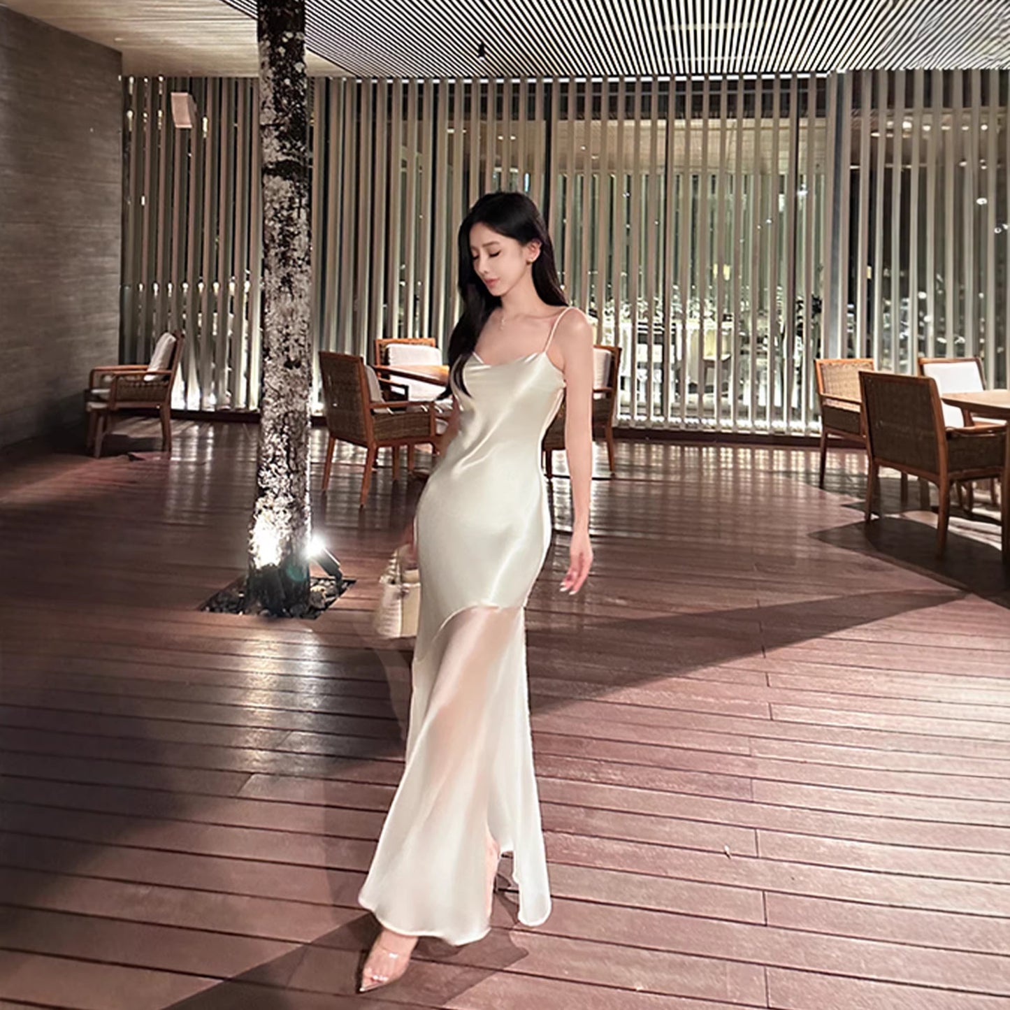 Haute couture imported acetic acid advanced sense splicing tulle suspender long skirt slim temperament Muse seaside vacation fishtail skirt