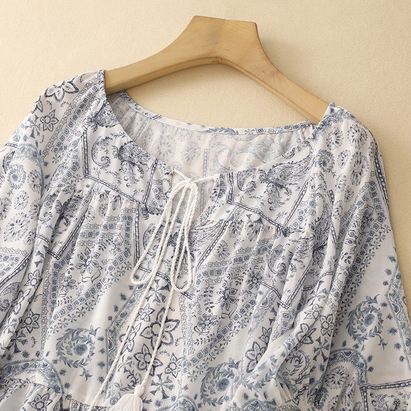 2025 summer new blue island print loose ethnic retro color short-sleeved shirt top women