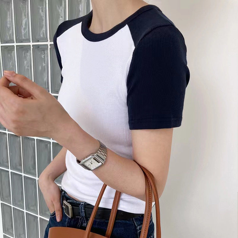 Foreign style splicing short-sleeved T-shirt women's summer design sense 2026 new slim-fit top retro threaded excellent cotton bottoming shirt