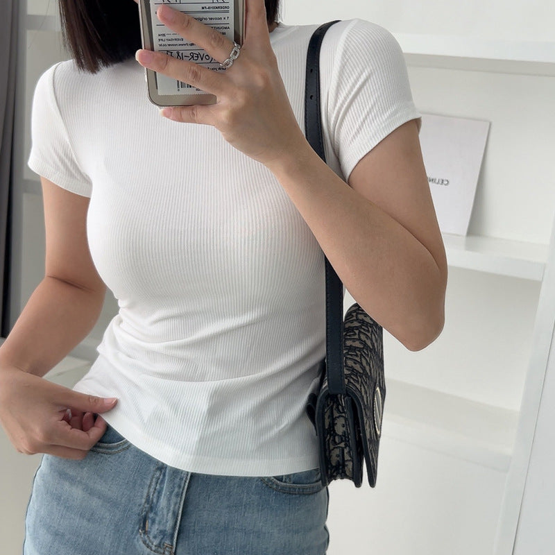 Selection of high-elastic fine thread 2026 new women's summer short-sleeved t-shirt round neck tight top, thin bottoming shirt