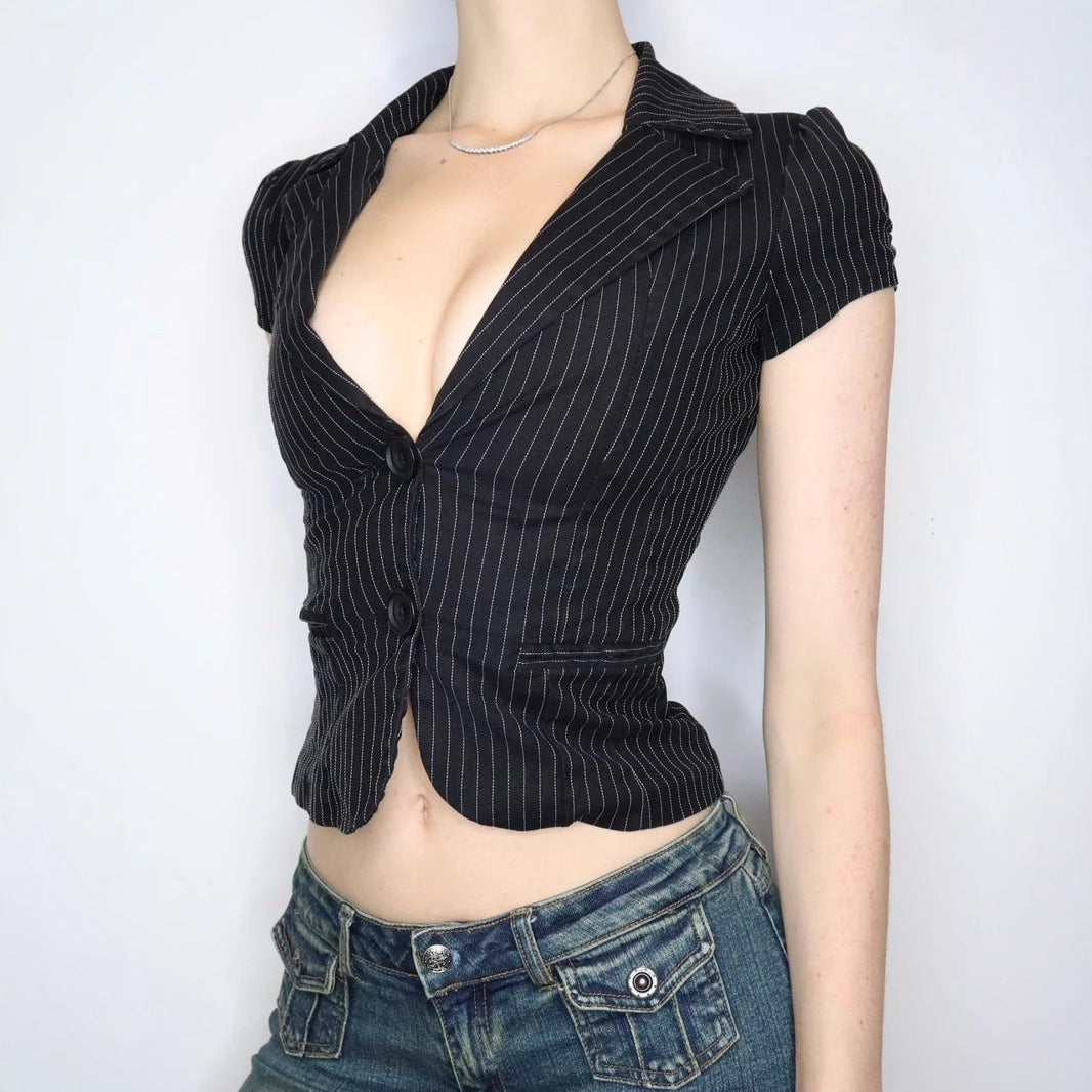 BM American Spice Girl Deep V Lapel Striped Shirt Two Button Cardigan Waist Short Sleeve Commuter Basic Suit