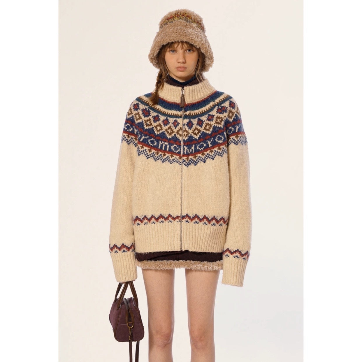 Moromoro Fair Island sweater women's autumn new vintage college style lazy style turtleneck knitted cardigan jacket