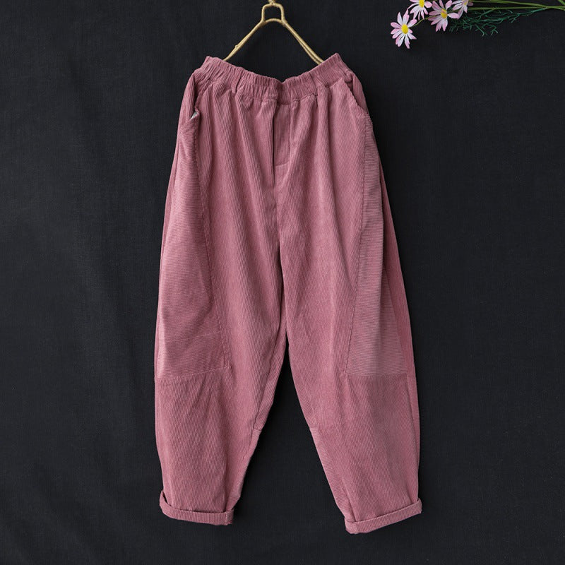 2024 autumn new retro corduroy casual elastic waist loose and thin solid color Harlan trousers women