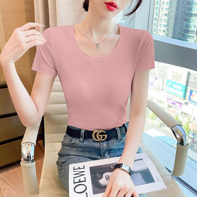 Lotus root pink short-sleeved t-shirt women's pure cotton high-end sense, unique and beautiful waist pinch and thin short slim-fitting front shoulder top