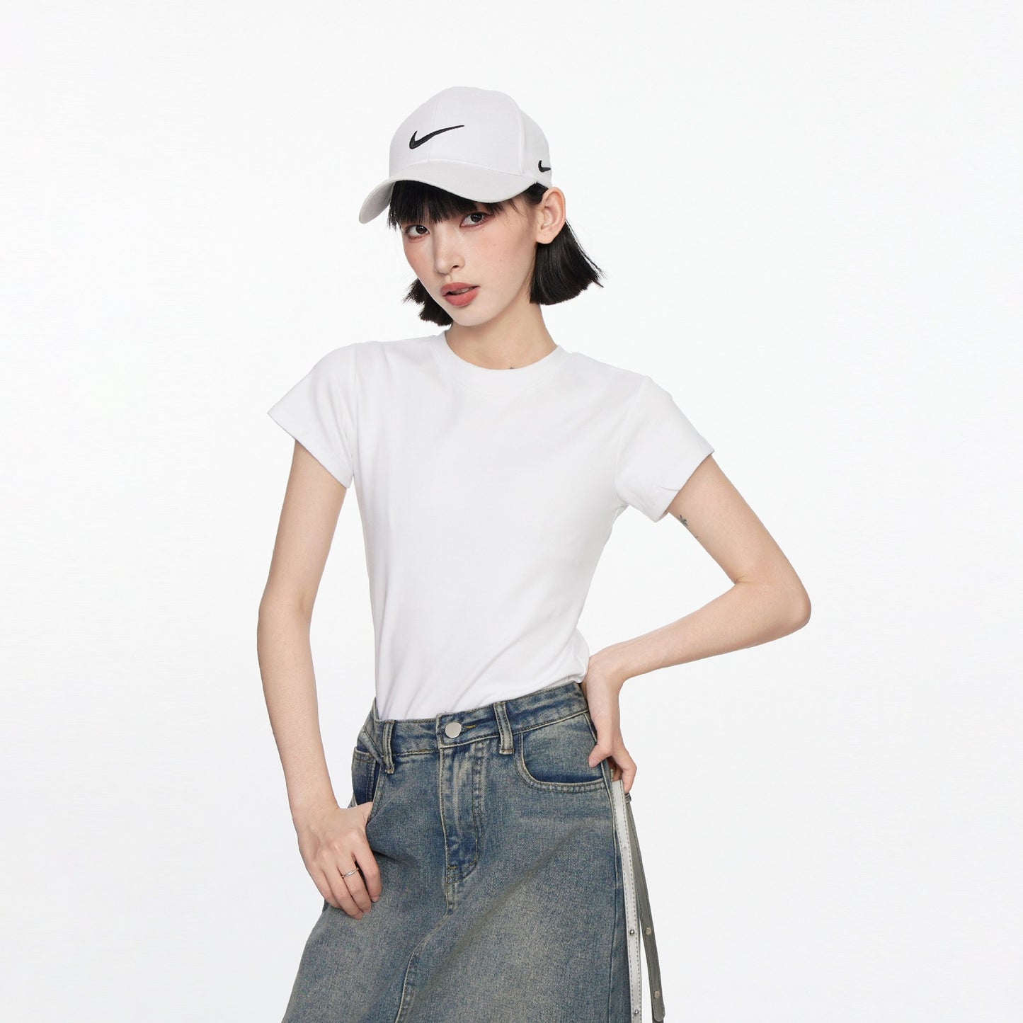 Summer new front shoulder basic short-sleeved t-shirt women's small slim and thin short solid-color top trendy