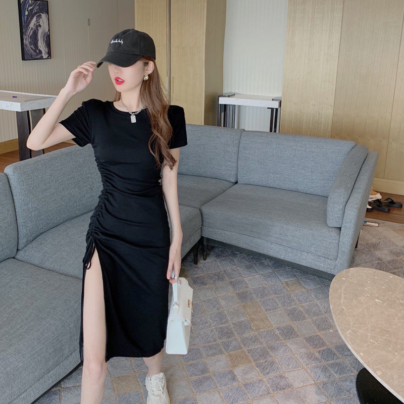 High-quality pure cotton dress women's summer drawstring short-sleeved sexy slit dress slim and thin medium and long knee skirt