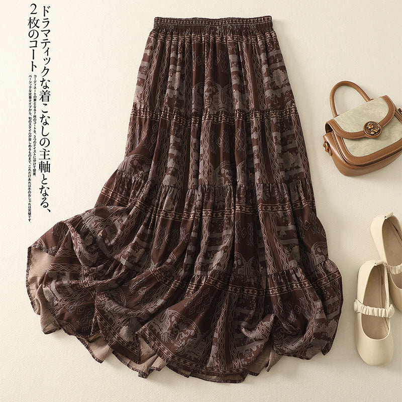 Real shot 2025 summer new loose literary and ethnic style floral elastic waist cake skirt skirt women