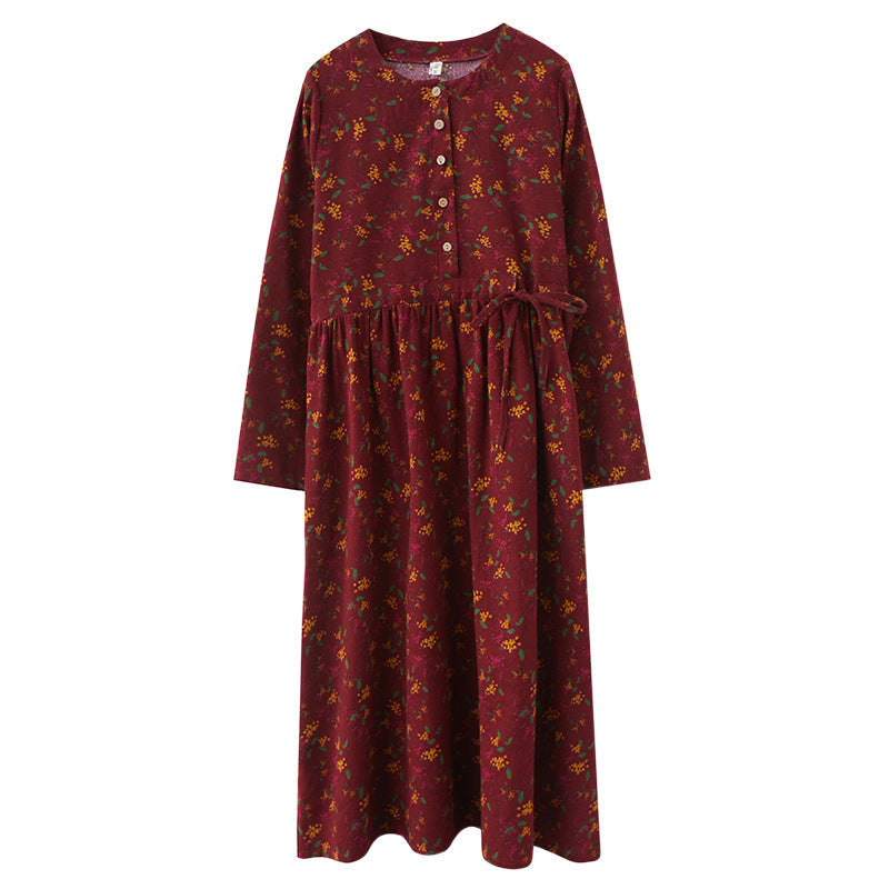 Real shot 2024 autumn new linen cotton printing ethnic style round neck long-sleeved dress loose waist skirt 8110