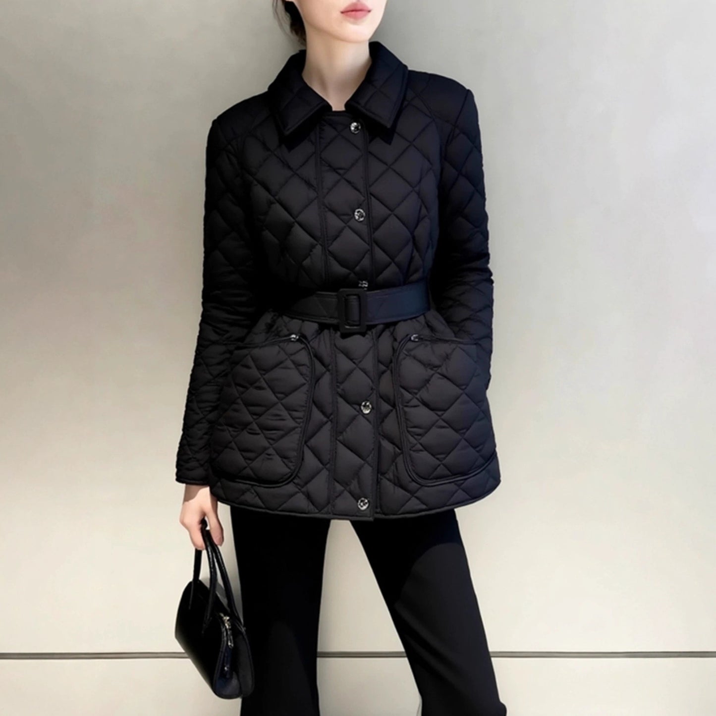 Winter cotton clothes women's 2025 new models are unique, super good-looking, waist temperament, small fragrance, black cotton-padded rhombus jacket